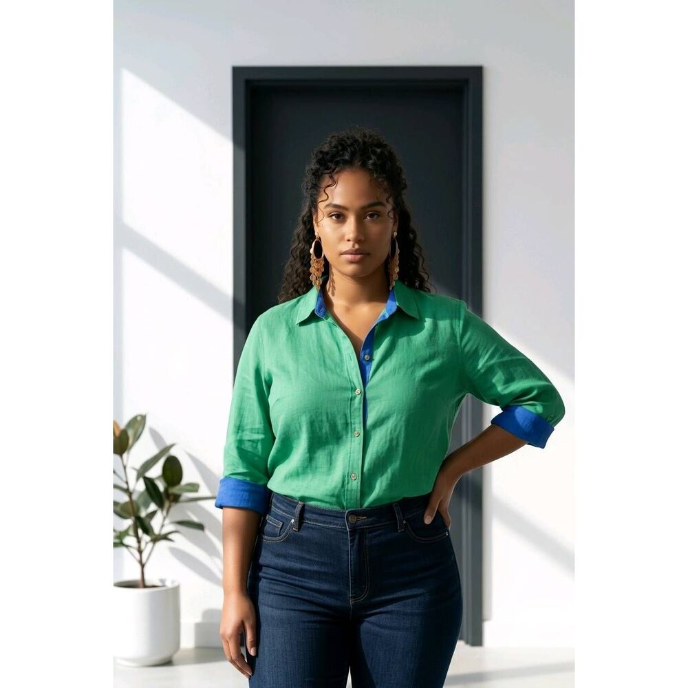 🔹️Ralph Lauren Green Linen Button 3/4 Sleeve Shirt Size 3X